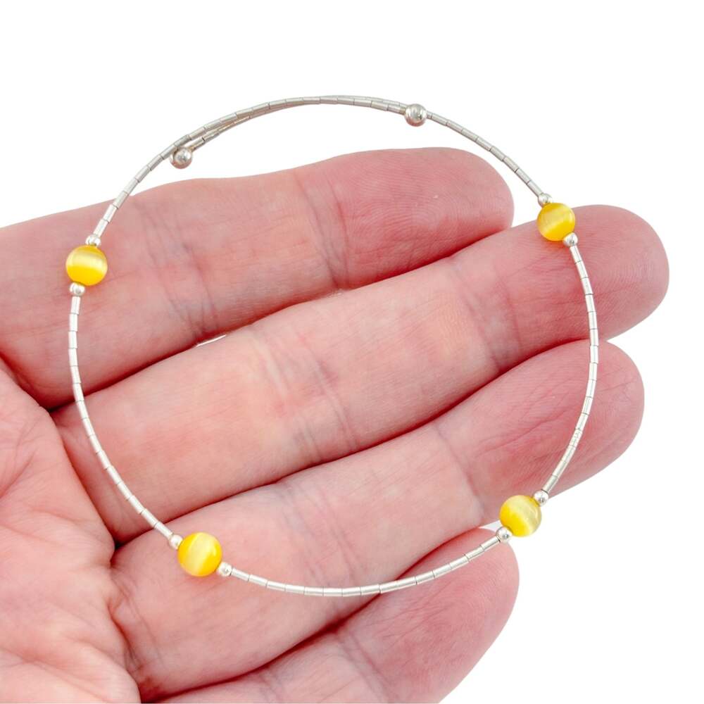 1990's Sterling Silver Gold Cat’s Eye Glass Bead Flexible Wrap Bracelet 7.75 in